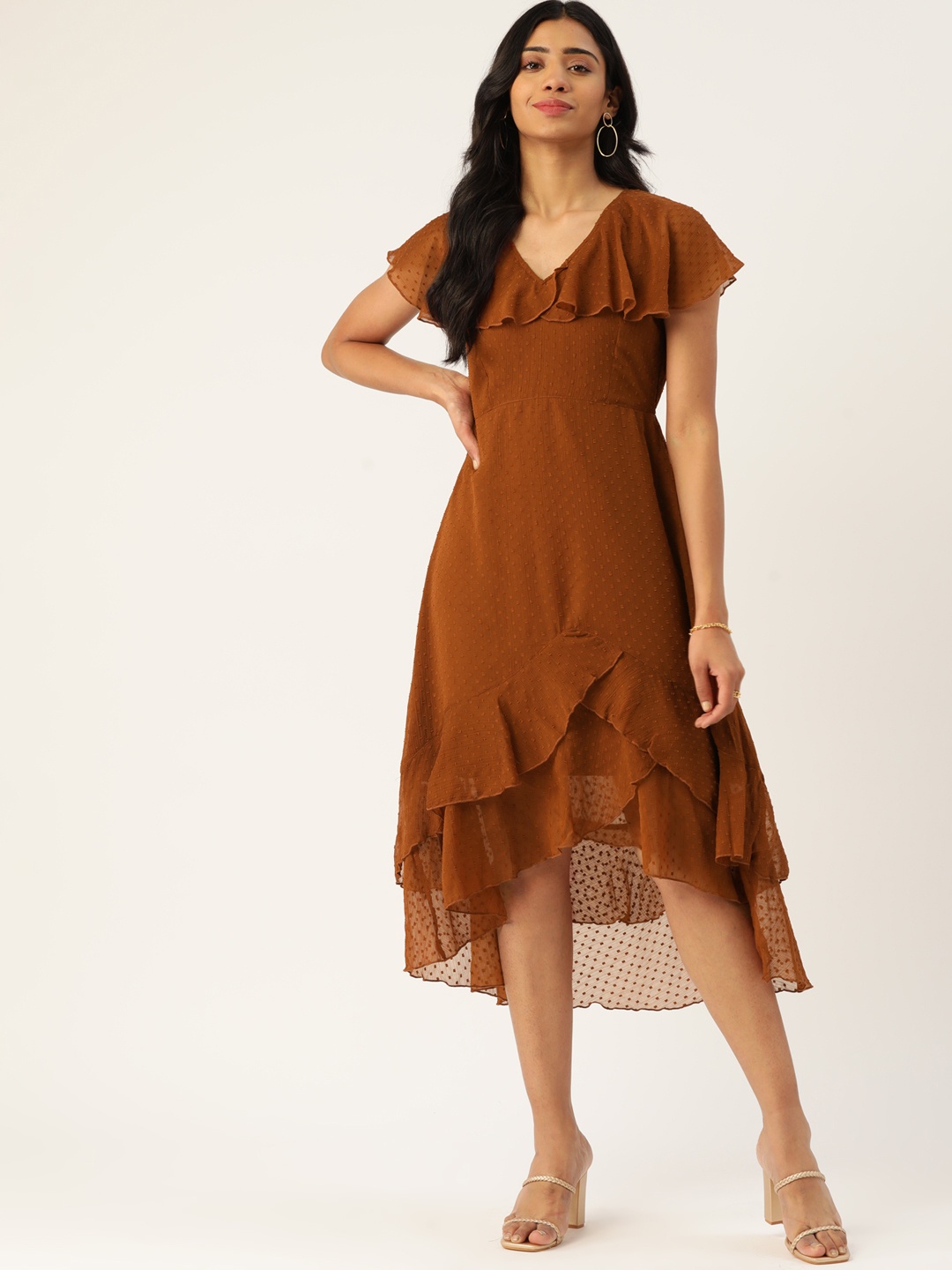 

Antheaa Women Brown Dobby Weave A-Line Midi Dress