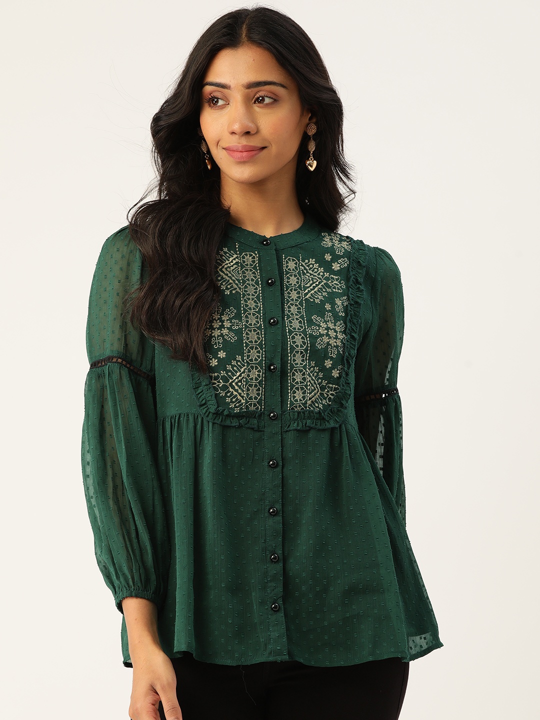 

Antheaa Women Green Embroidered Dobby Weave Top