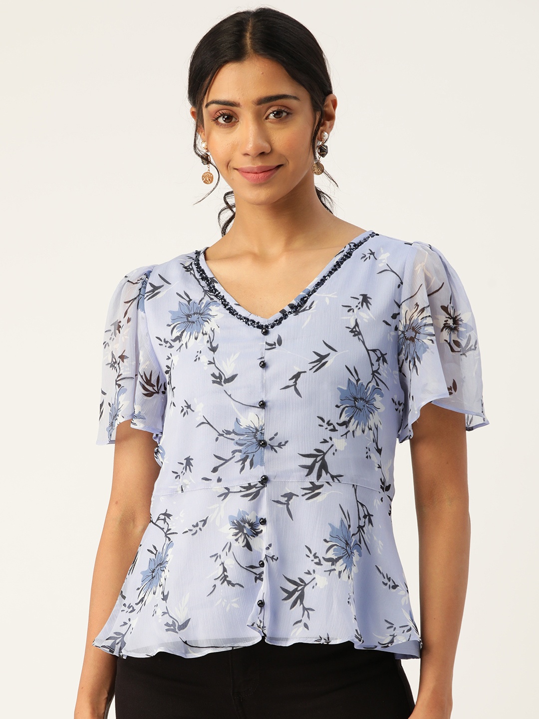 

Antheaa Women Blue Floral Print Top