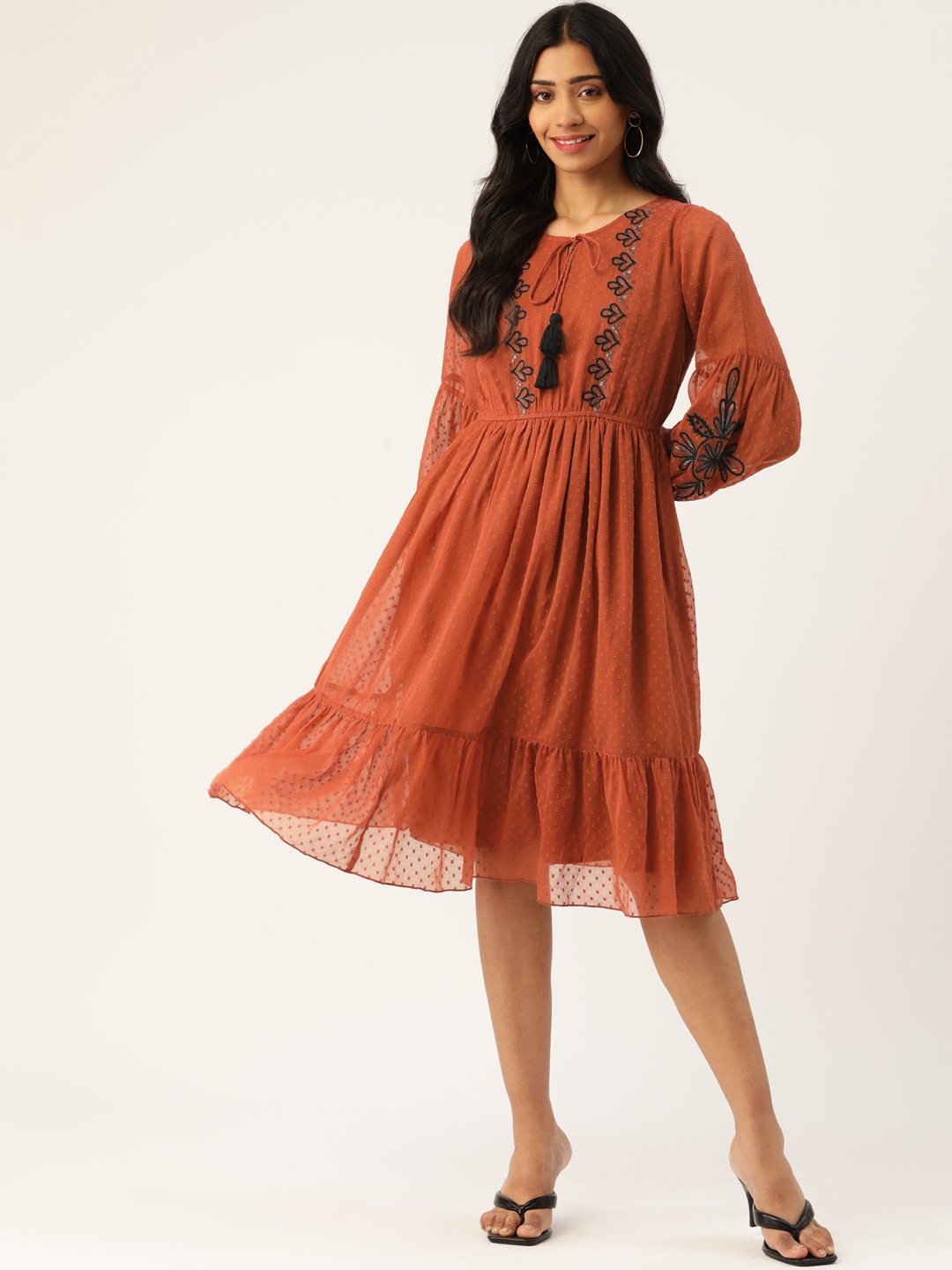 

Antheaa Women Rust Brown Embroidered Dobby Weave A-Line Dress