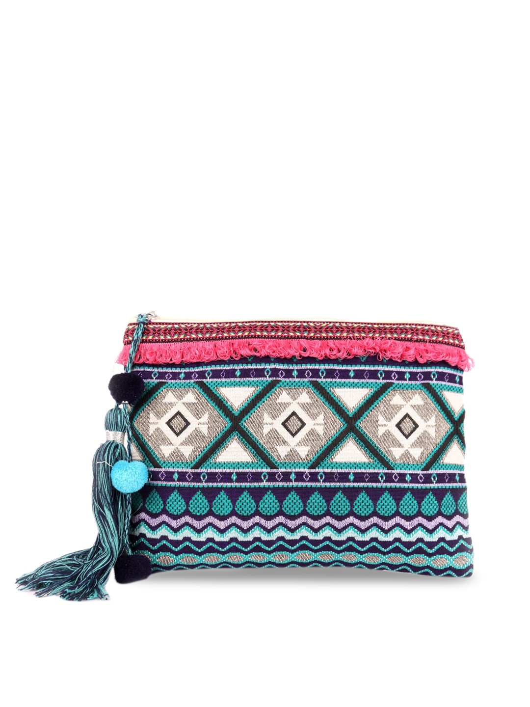

ASTRID Blue & Off-White Woven Design Travel Pouch With Tassels