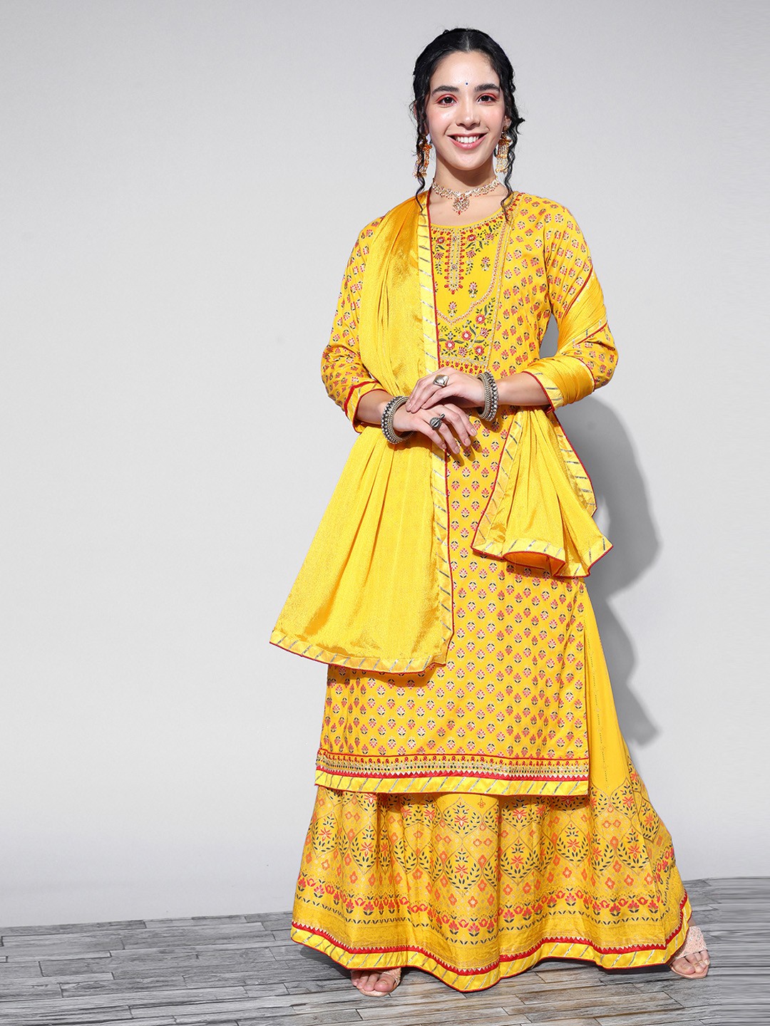 

Kvsfab Women Embroidered Ethnic Motifs Printed Kurta With Skirt & With Dupatta, Yellow