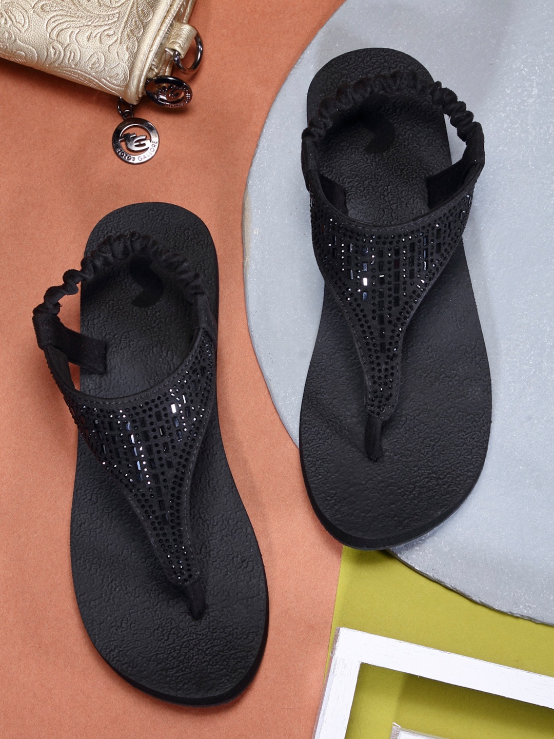 

Solethreads Women Black Embellished T-Strap Flats
