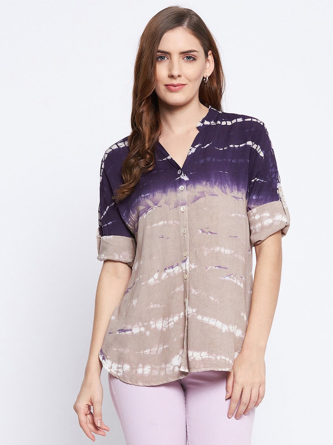 

Ruhaans Women Purple & Beige Classic Ombre Printed Casual Shirt