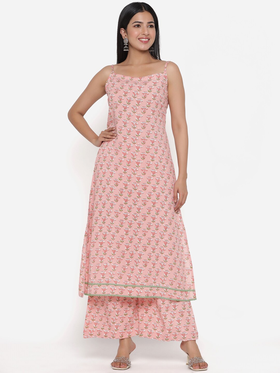 

PINKVILLE JAIPUR Women Peach-Coloured Floral Printed Kurta with Palazzos