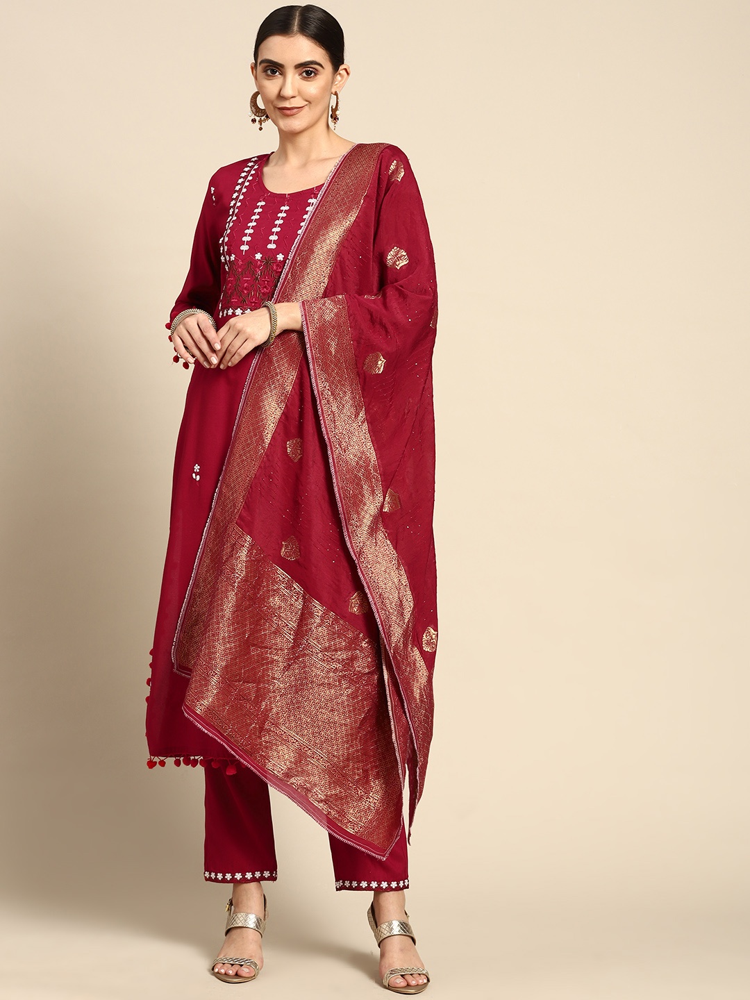 

Prakhya Women Red Ethnic Motifs Embroidered Kurta with Palazzos & With Dupatta