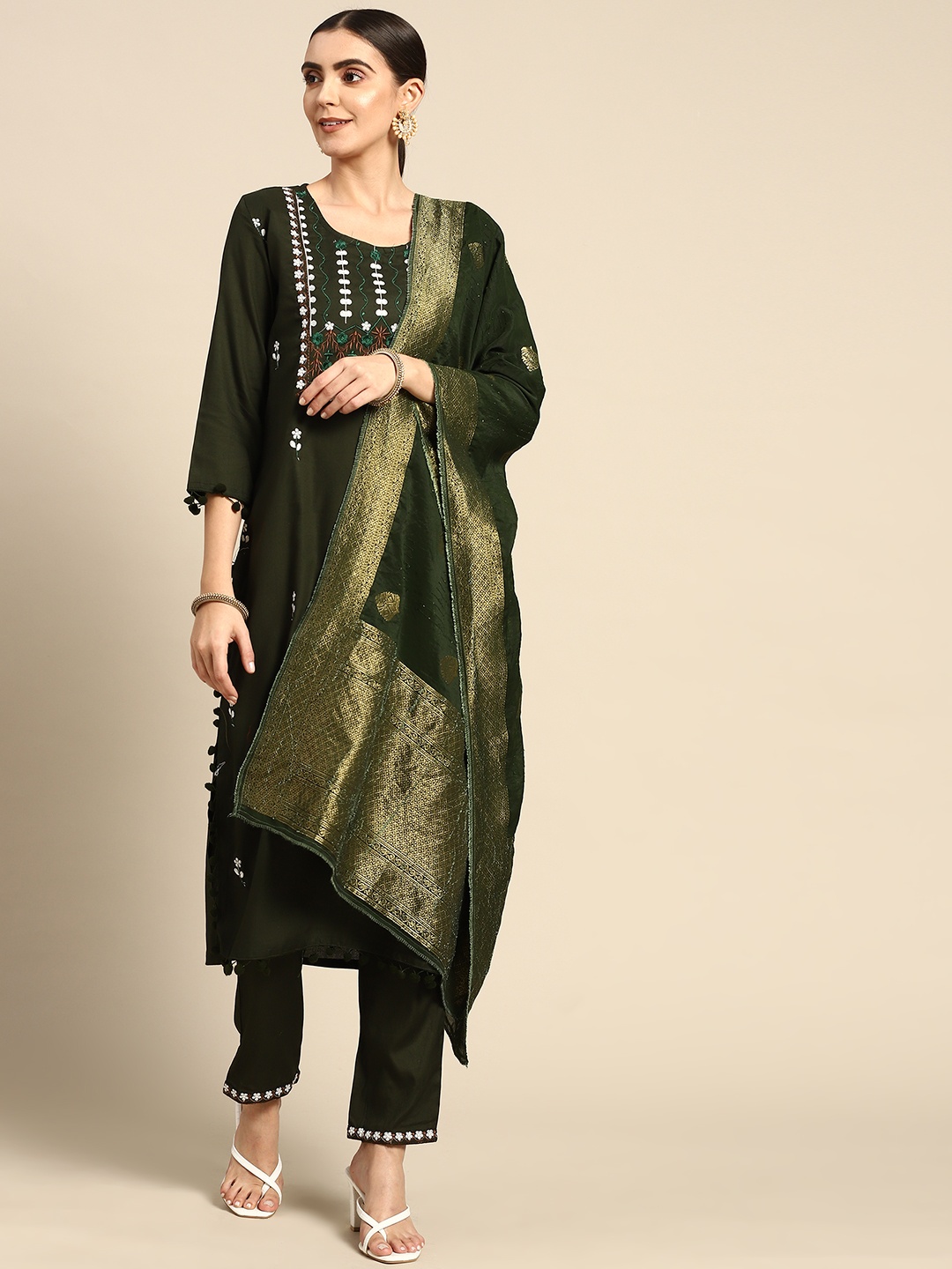 

Prakhya Women Green Ethnic Motifs Embroidered Kurta with Palazzos & With Dupatta