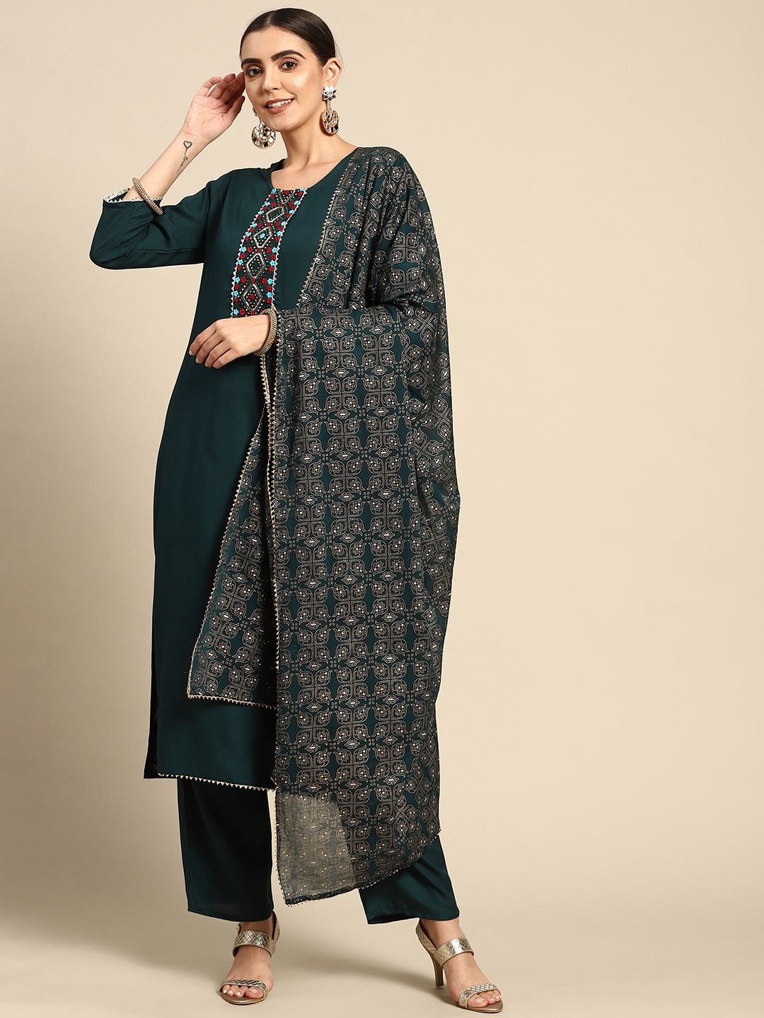 

Prakhya Women Teal Blue Solid Thread Work Detail Kurta with Palazzos & With Dupatta