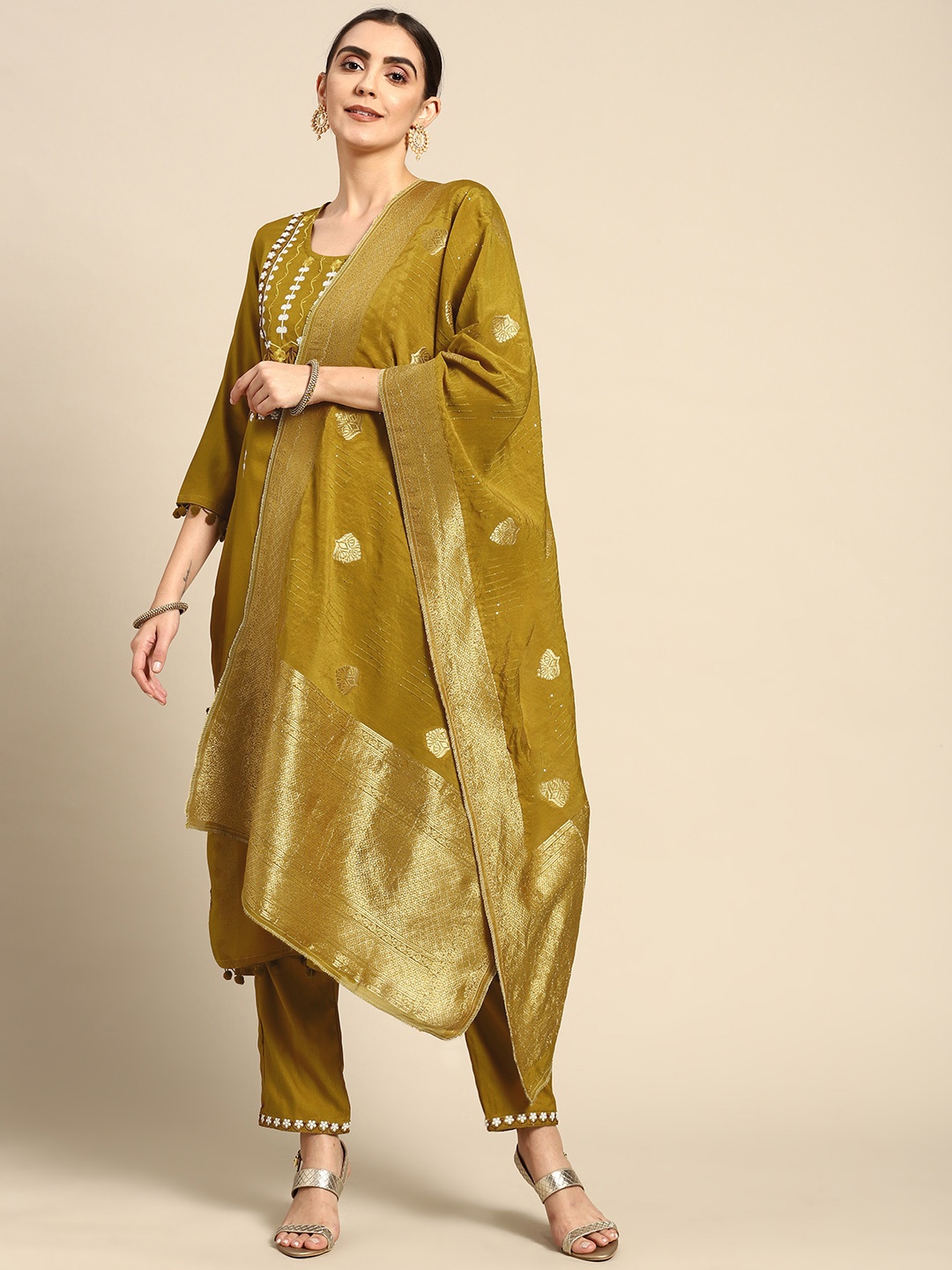 

Prakhya Women Mustard Yellow Ethnic Motifs Embroidered Thread Work Kurta with Palazzos & With Dupatta