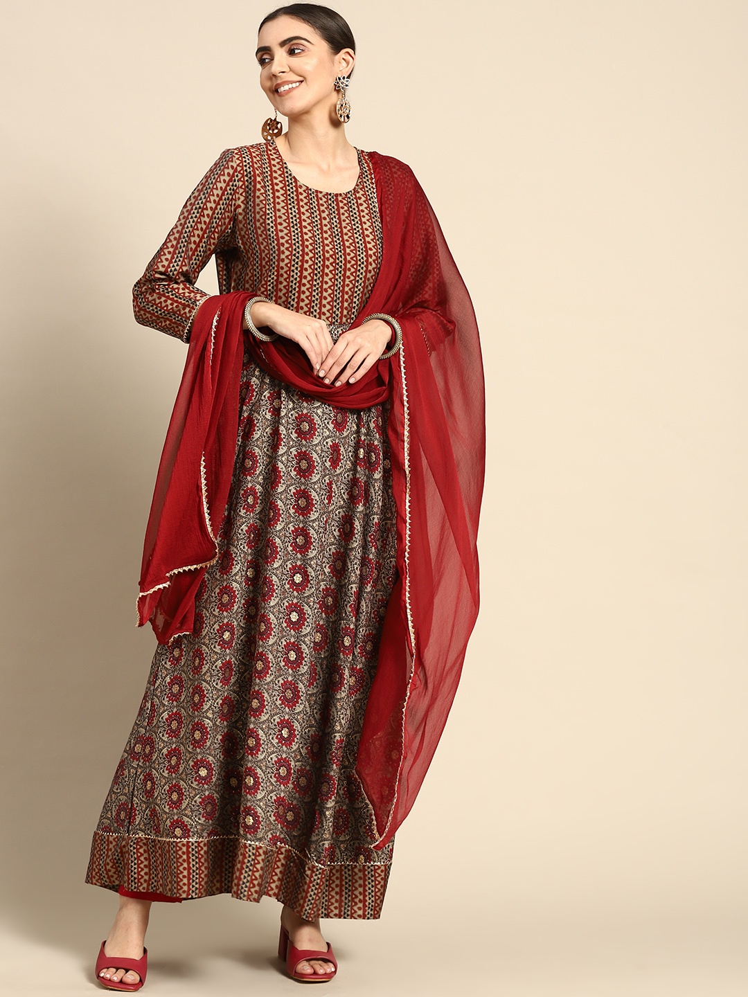 

Prakhya Women Maroon & Beige Muslin Ethnic Motifs Print Anarkali Kurta