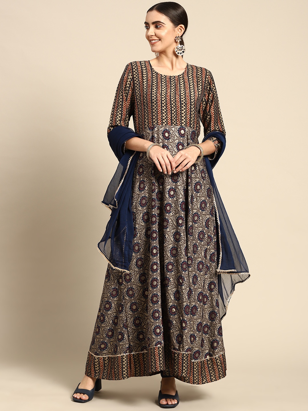 

Prakhya Women Blue & Beige Muslin Ethnic Motifs Print Anarkali Kurta
