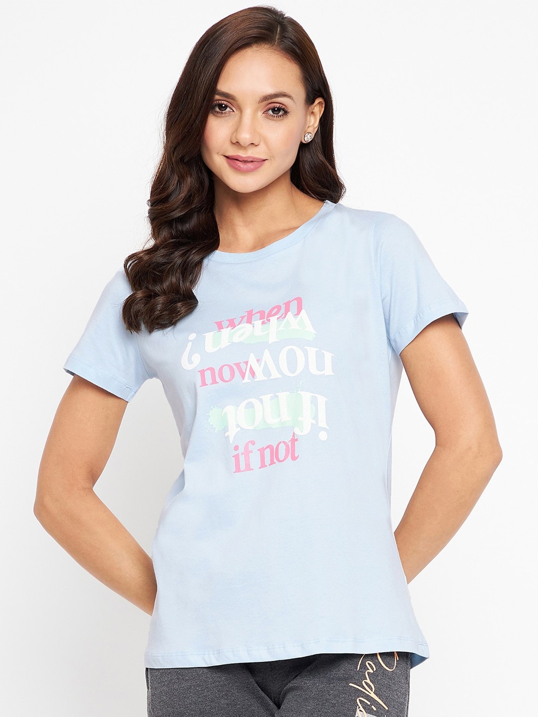 

Madame Women Blue & White Typography Printed T-shirt
