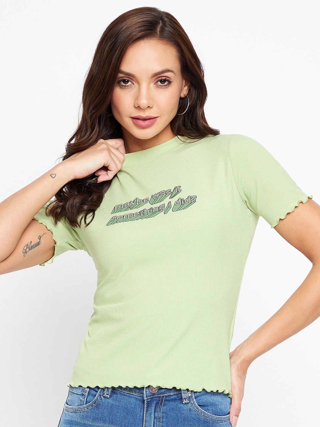 

Madame Women Green Typography Printed Pure Cotton T-shirt