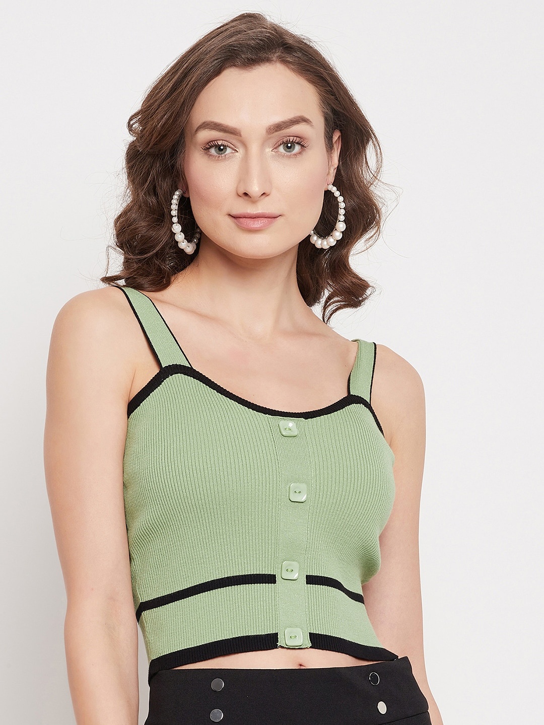 

Madame Green & Black Striped Fitted Crop Top