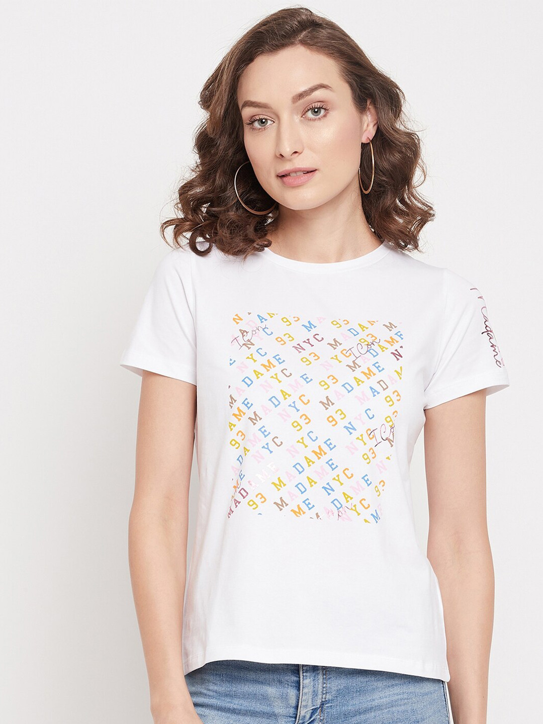 

Madame Women White Typography Printed T-shirt