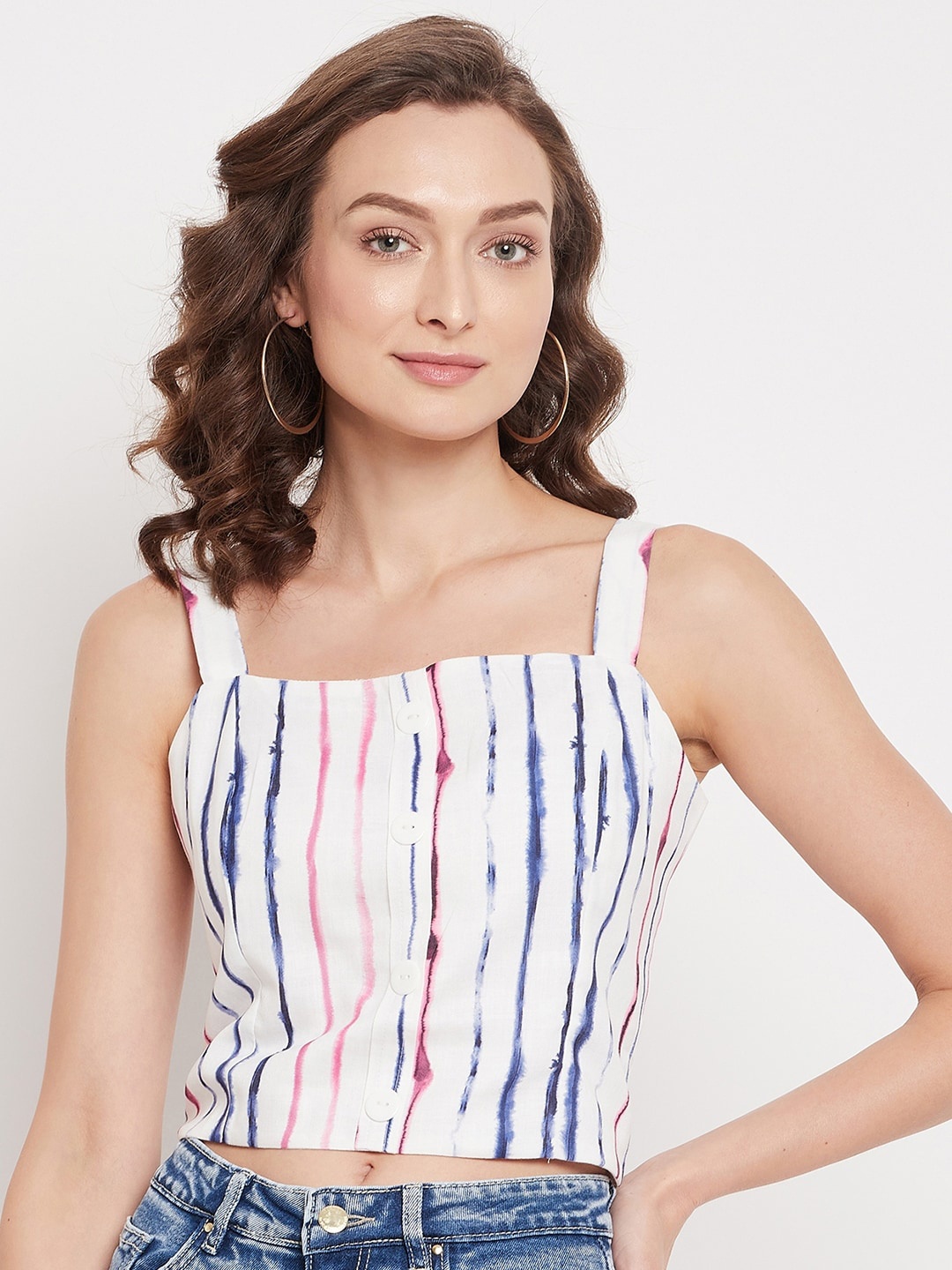 

Madame Women White & Blue Striped Linen Crop Top