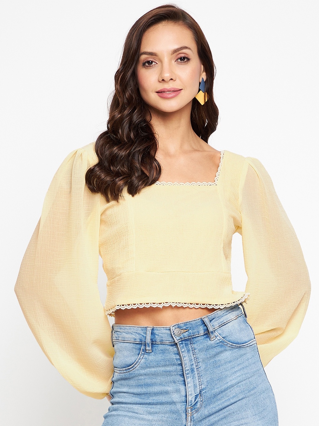 

Madame Yellow Square Neck Puff Sleeves Chiffon Crop Top