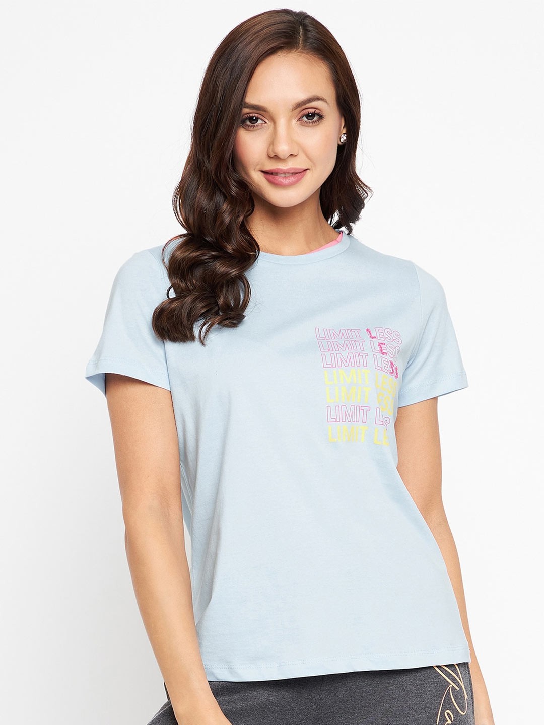 

Madame Women Blue Typography Printed Pure Cotton T-shirt