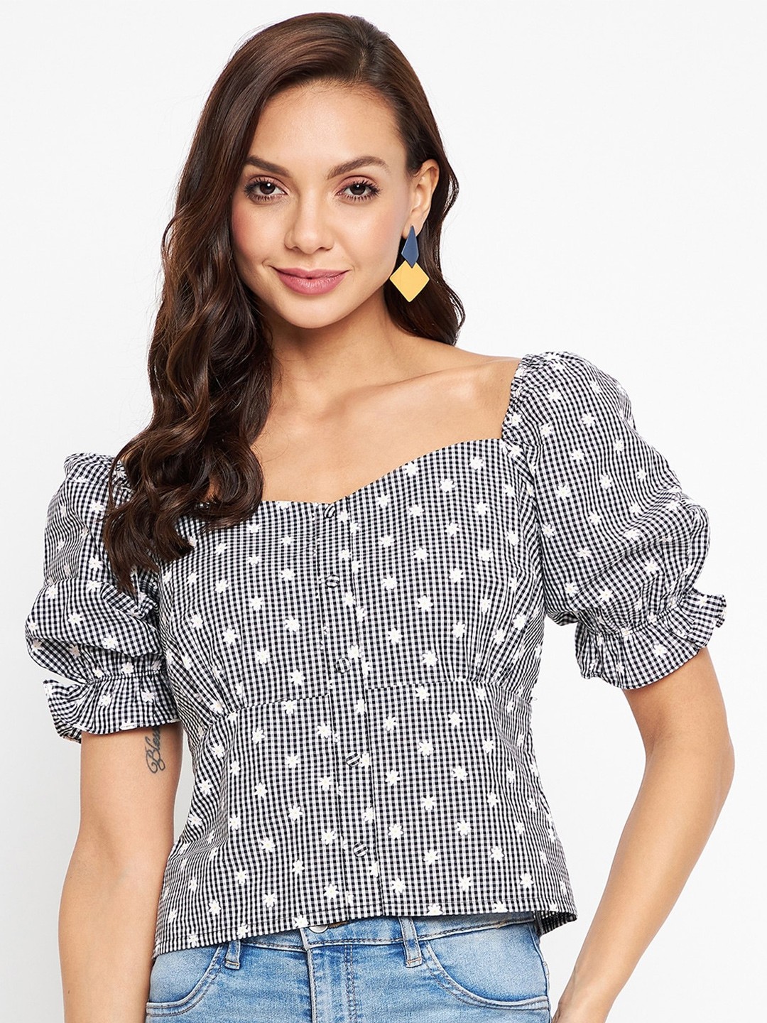 

Madame Women Black & White Printed Sweetheart Neck Cotton Regular Top