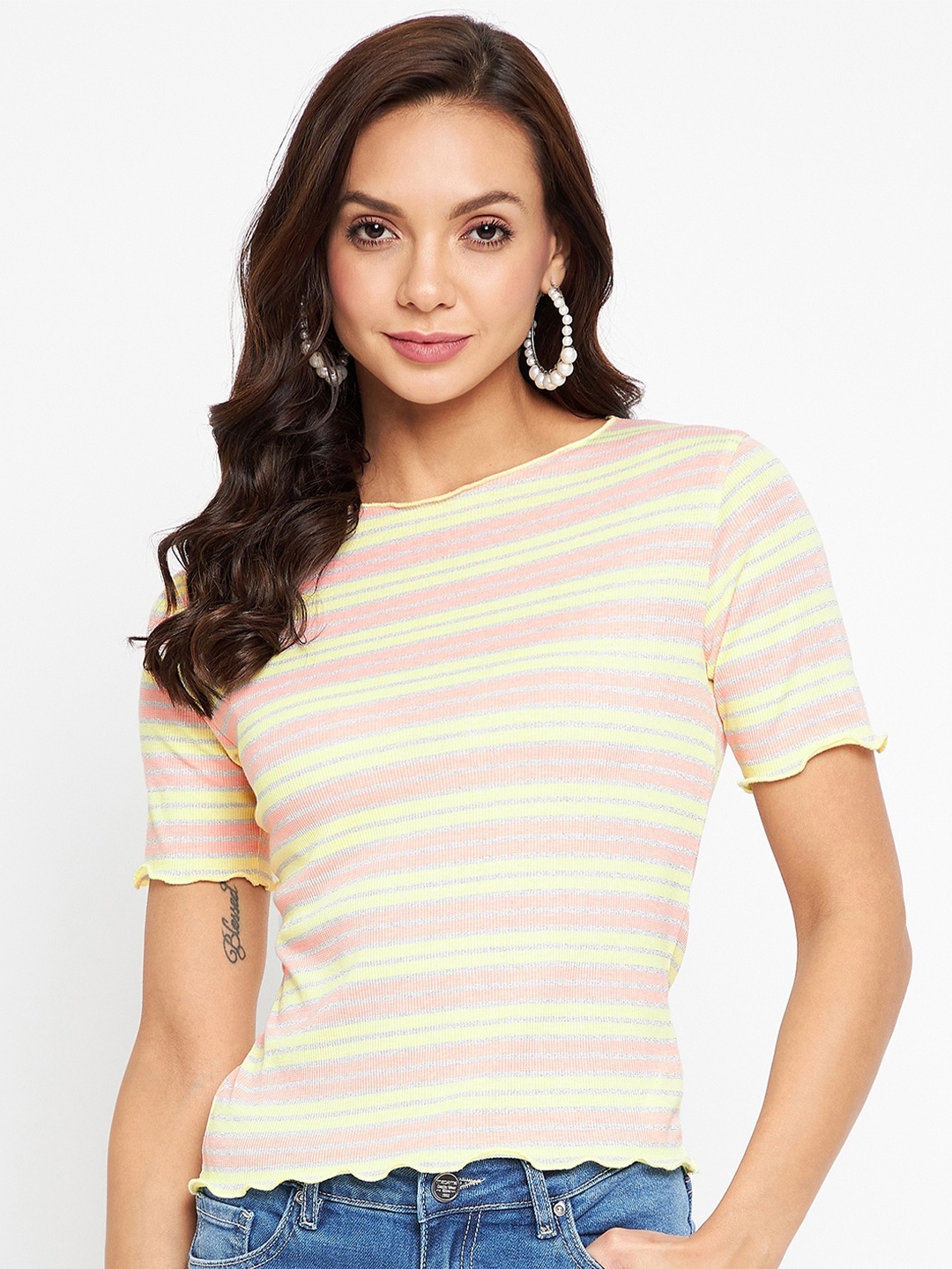 

Madame Yellow & Pink Striped Knitted Fitted Top