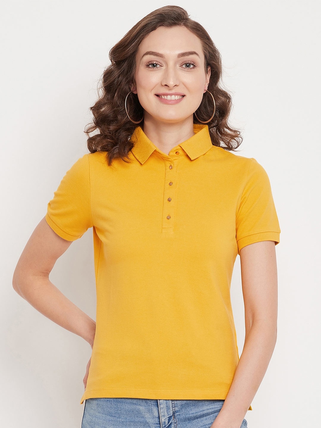 

Madame Women Mustard Yellow Polo Collar T-shirt
