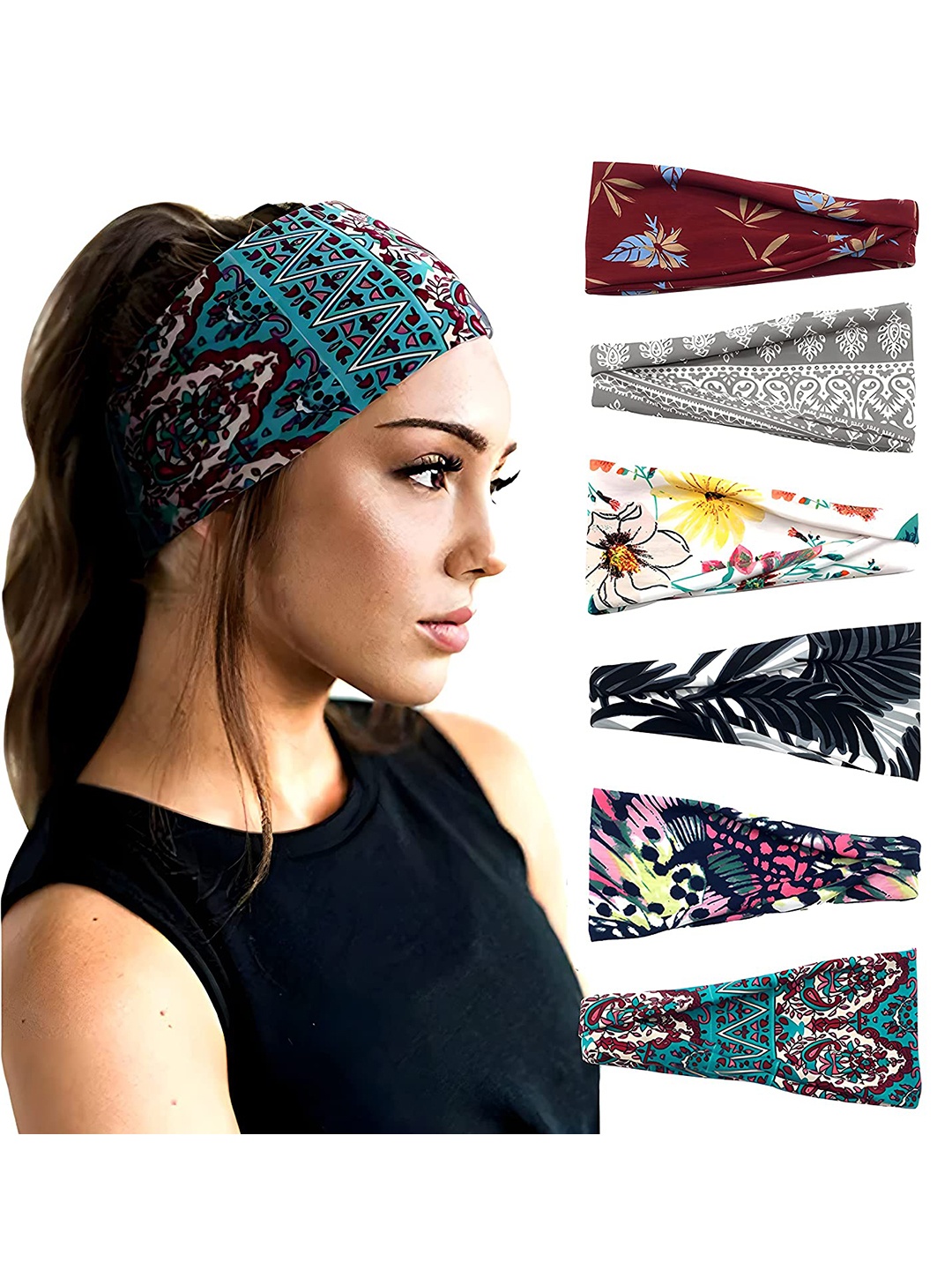 

ANNA CREATIONS Women Set of 6 Printed Boho Hairbands, Blue