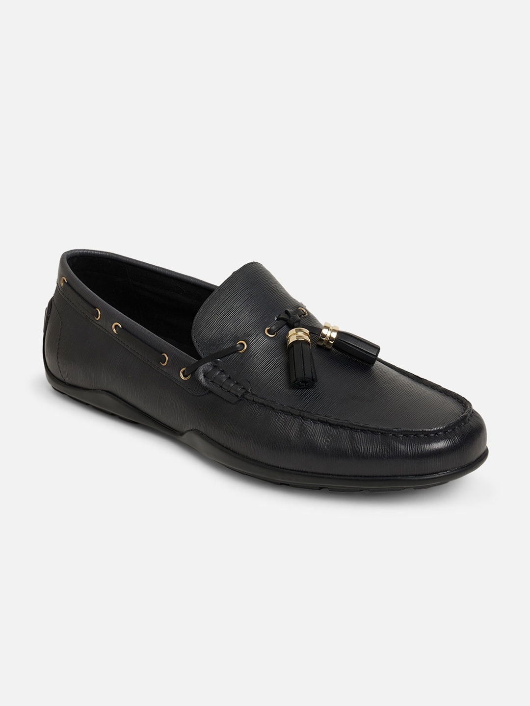 

ALDO Men Black Textured Leather Boat Shoes