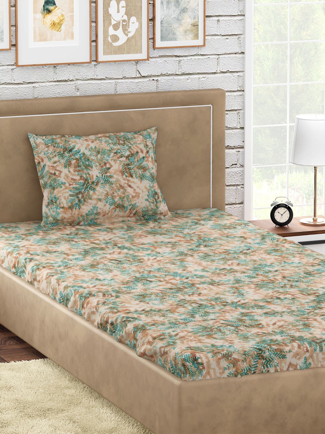 

PETAL HOME Orange & Green Floral 300 TC Cotton Fern Single Bedsheet with 1 Pillow Cover