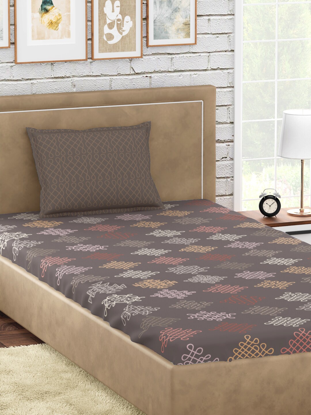 

PETAL HOME Brown & White Ethnic Motifs 300 TC Single Bedsheet with 1 Pillow Cover