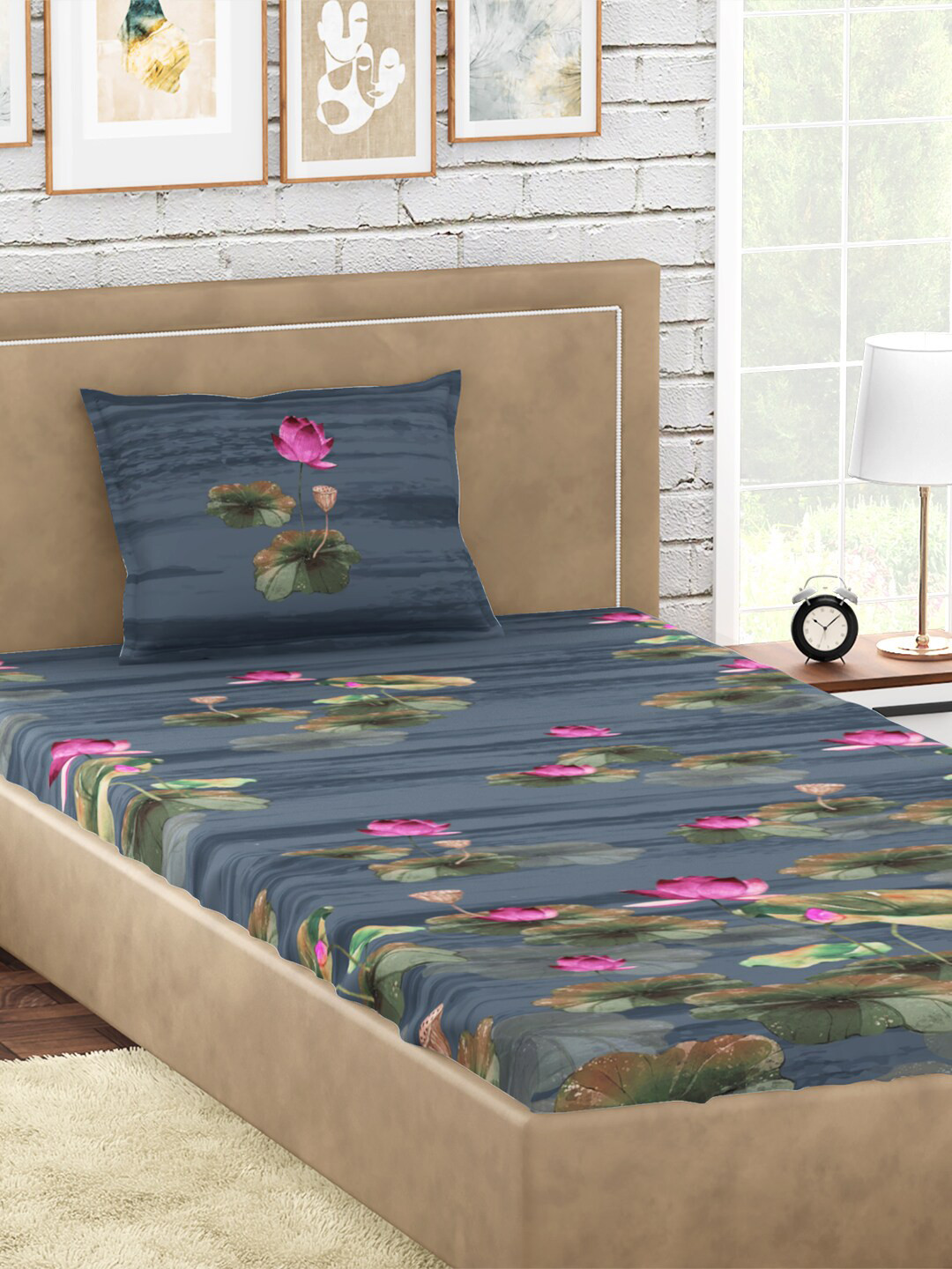 

PETAL HOME Blue & Pink Floral 300 TC Cotton Single Bedsheet with 1 Pillow Covers