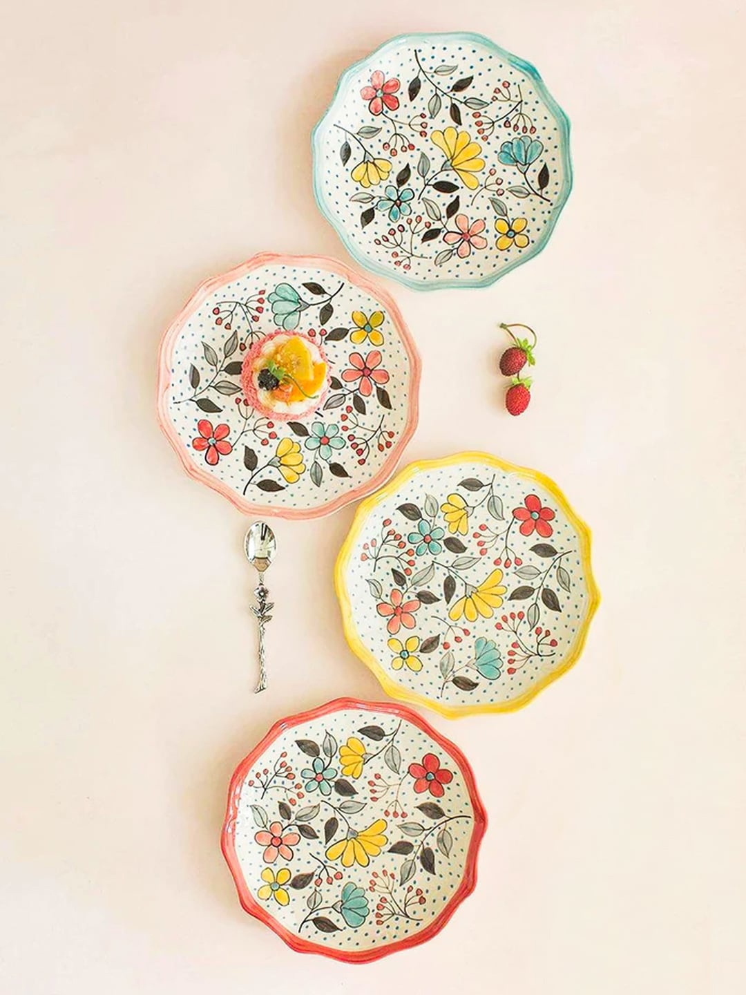 

The Wishing Chair Cream-Coloured & Blue 4 Pieces Floral Printed Stoneware Glossy Plates