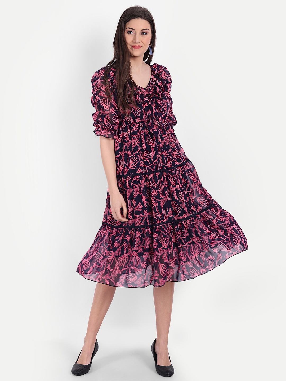 

CHARMGAL Women Pink & Blue Casual Fit and Flare New Floral Design Printed Midi Dress