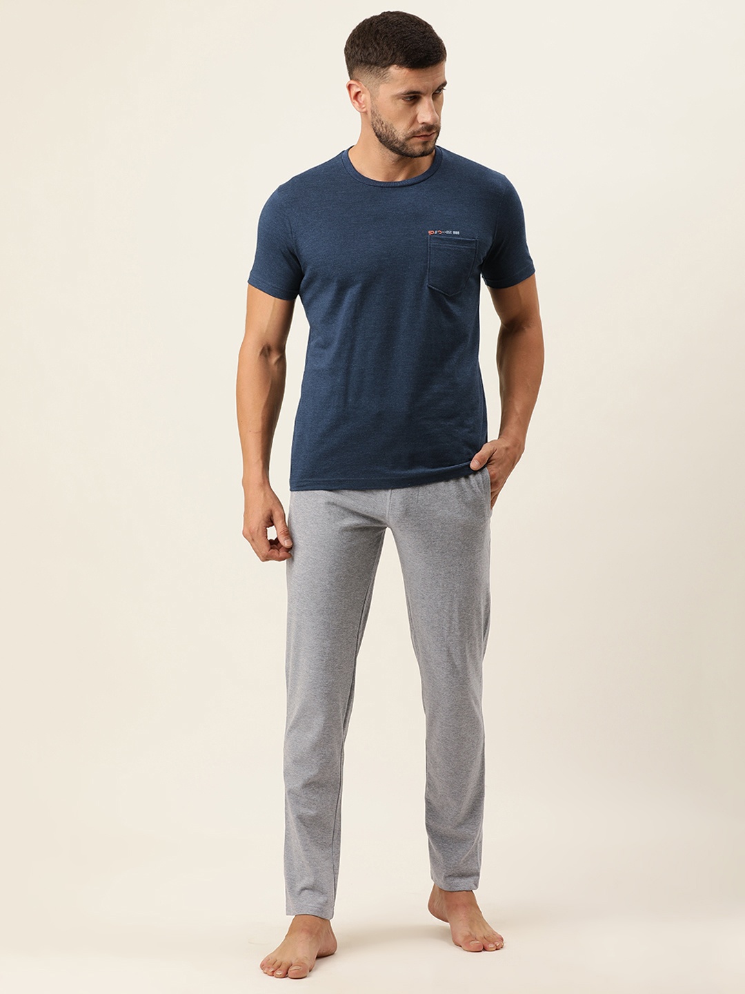

Sweet Dreams Men Navy Blue & Grey Melange Solid Night Suit
