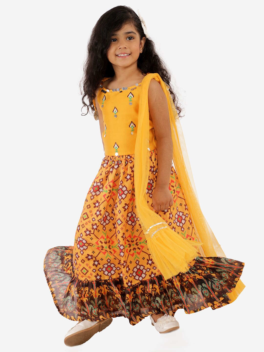 

LIL DRAMA Girls Yellow & Rust Embroidered Sequinned Ready to Wear Lehenga Choli