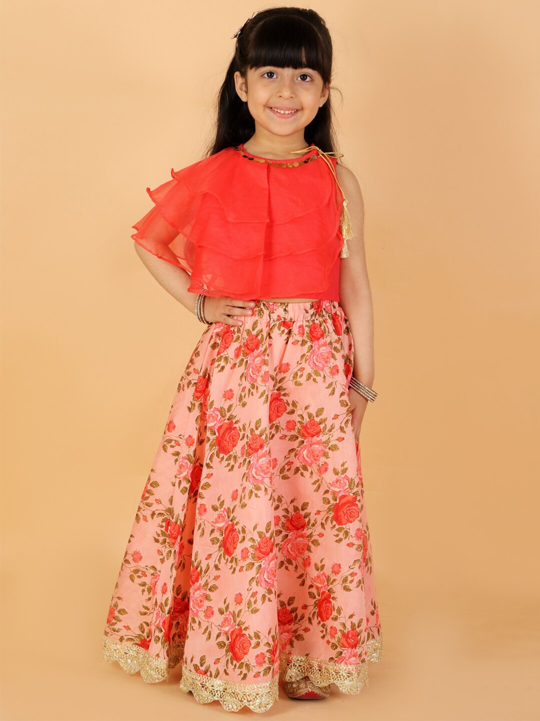 

LIL DRAMA Girls Red & Gold-Toned Ready to Wear Lehenga Choli