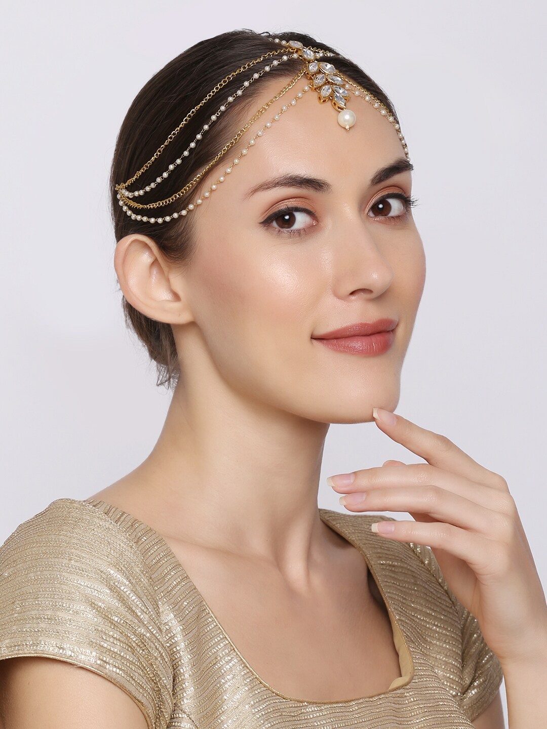 

OOMPH Gold-Toned & White Kundan Studded & Pearl Beaded Matha Patti