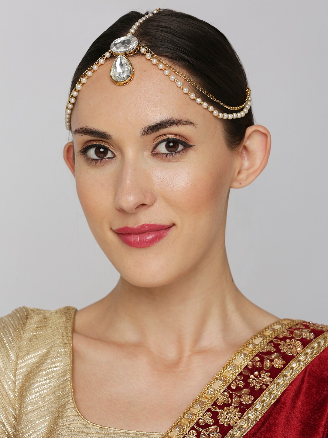 

OOMPH Gold-Toned & White Kundan-Studded Pearl Beaded Indo-Western Matha Patti