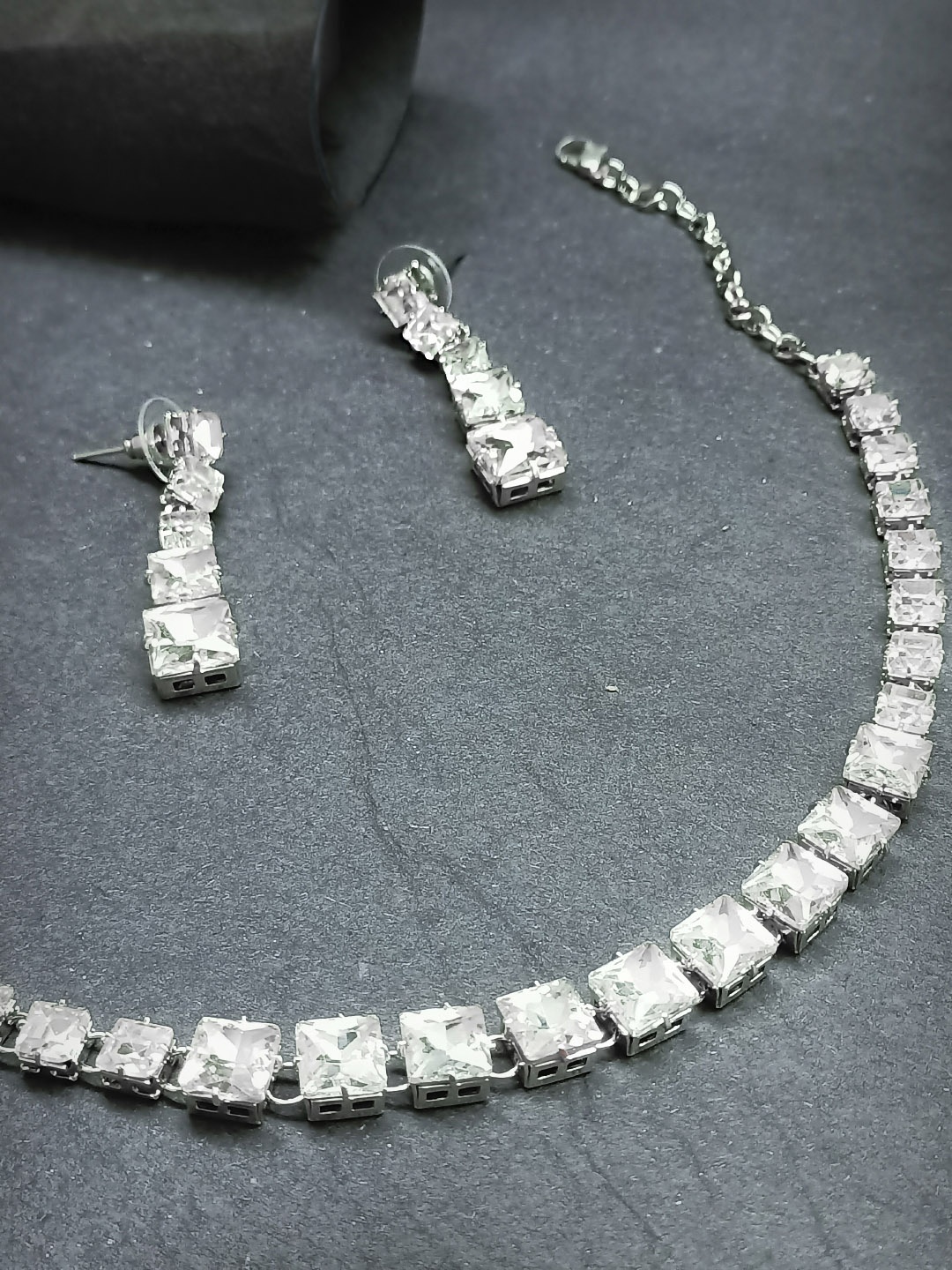 

OOMPH Silver-Toned & White Cubic Zirconia Studded Jewellery Set