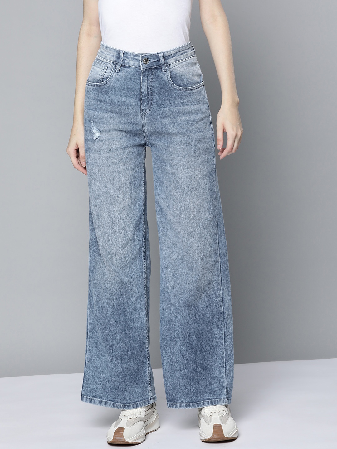 

Harvard Women Blue Wide Leg High-Rise Low Distress Light Fade Jeans