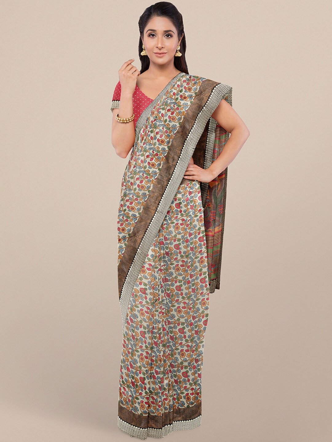 

KALINI Cream-Coloured & Red Kalamkari Art Silk Bhagalpuri Saree