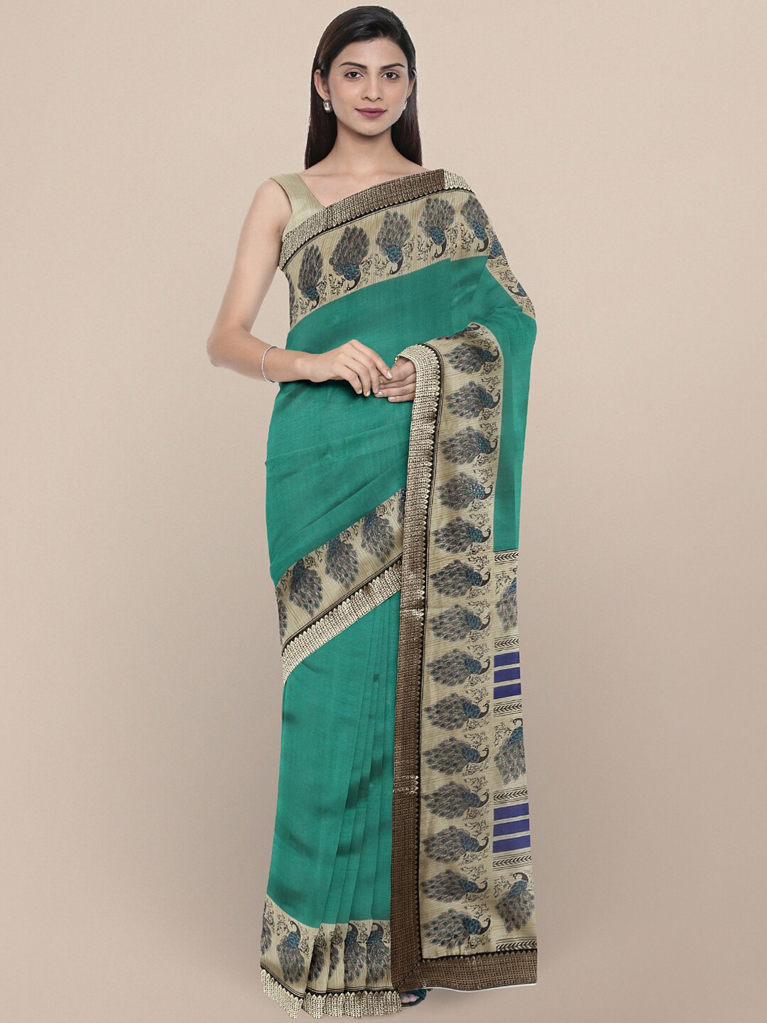 

KALINI Teal & Beige Printed Zari Art Silk Bhagalpuri Saree