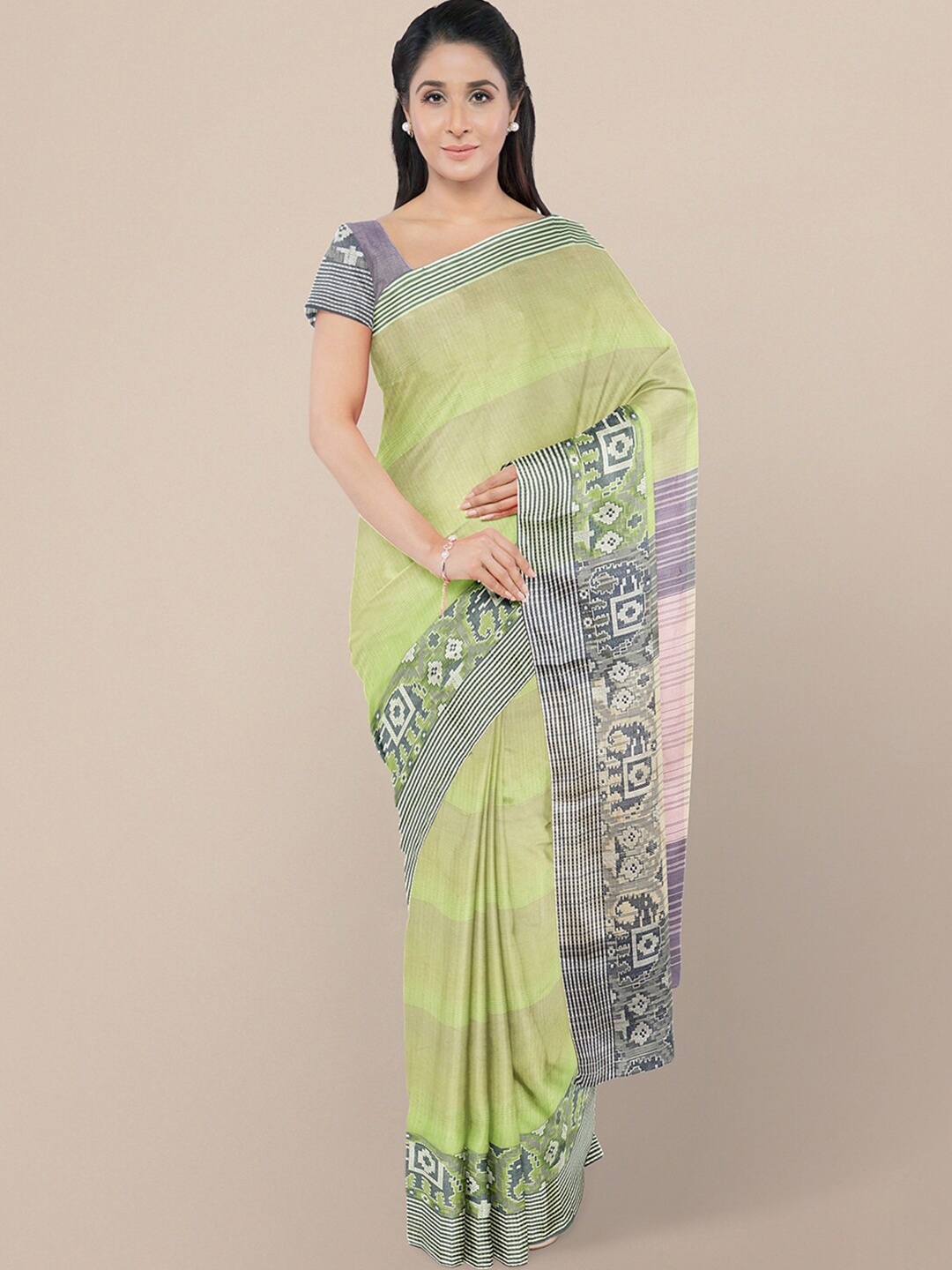 

KALINI Sea Green & Grey Ethnic Motifs Art Silk Chanderi Saree