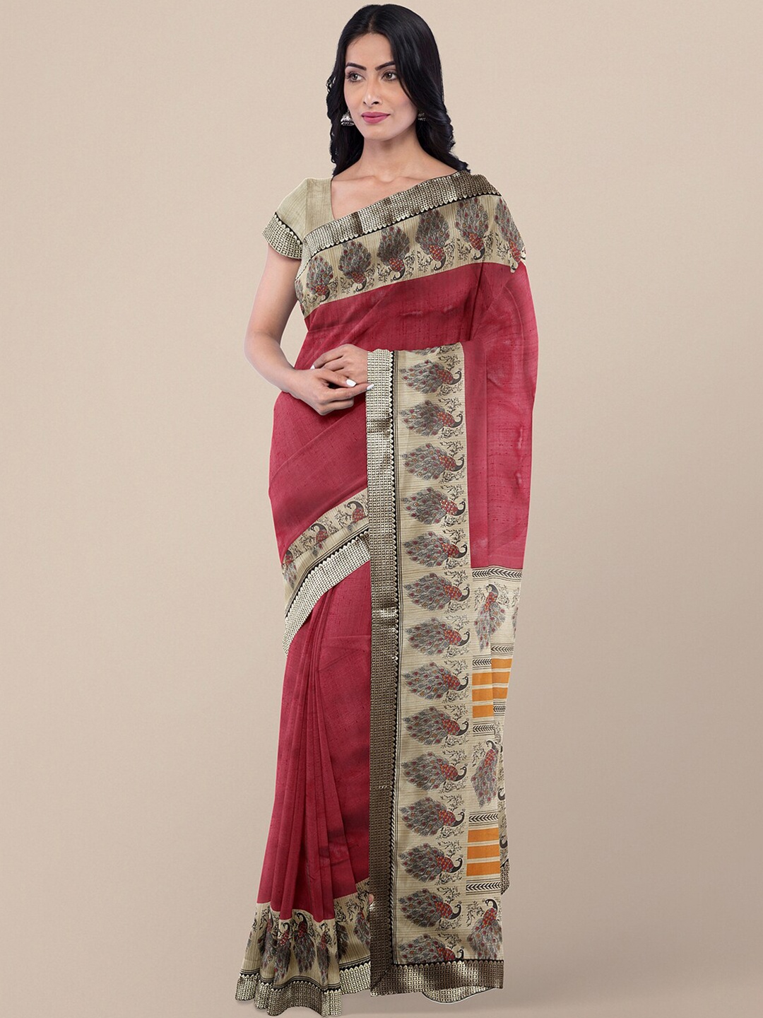 

KALINI Red & Beige Kalamkari Art Silk Bhagalpuri Saree