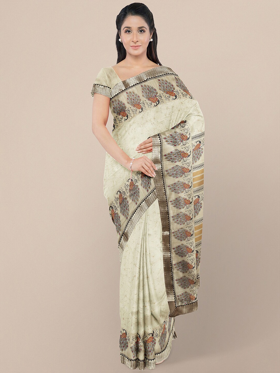 

KALINI Off White & Grey Ethnic Motifs Printed Art Silk Bhagalpuri Saree