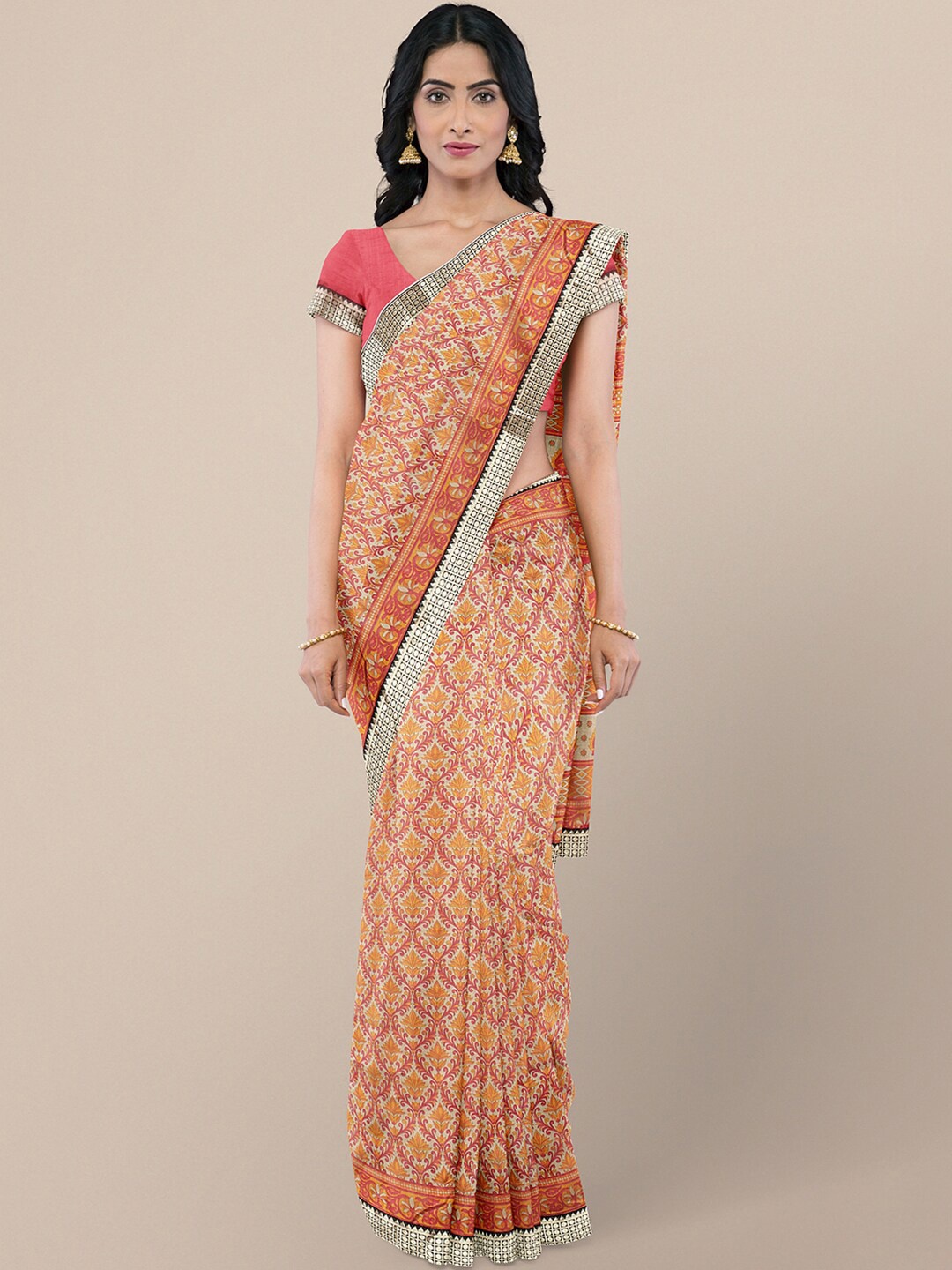 

KALINI Orange & Red Floral Art Silk Bhagalpuri Saree