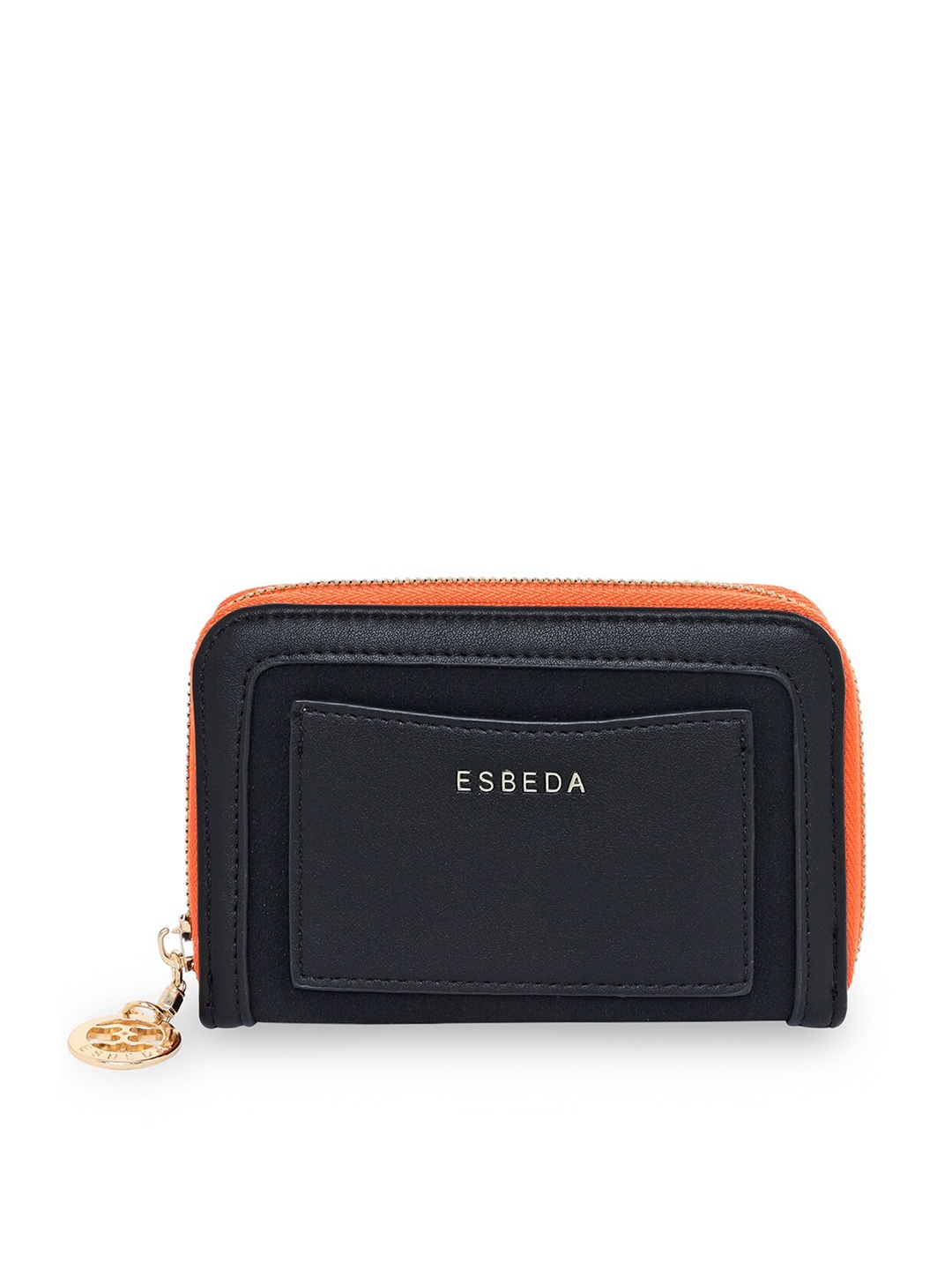 

ESBEDA Women Black & Orange Suede Zip Around Wallet