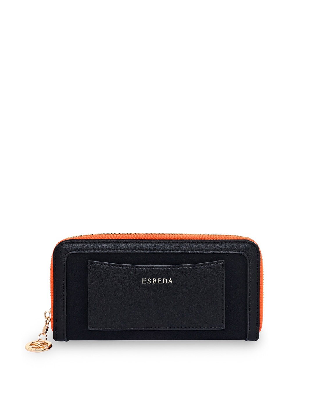 

ESBEDA Women Black & Orange Suede Zip Around Wallet