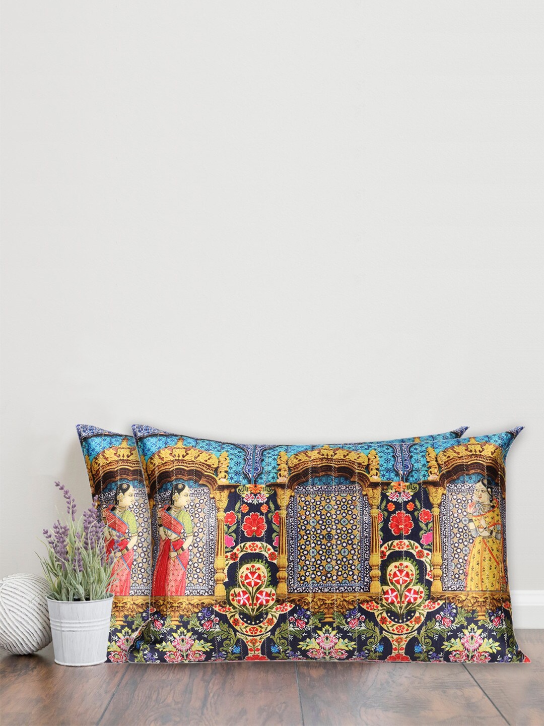 

Sivya Multicoloured Set of 2 Mughal 2.o Ethnic Motifs Rectangle Cushion Covers, Multi