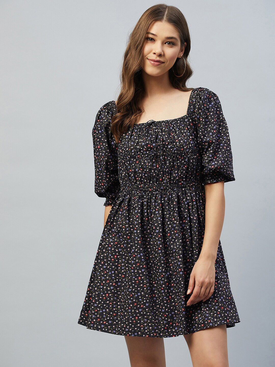

DELAN Black Floral Pure Cotton Fit & Flare Dress