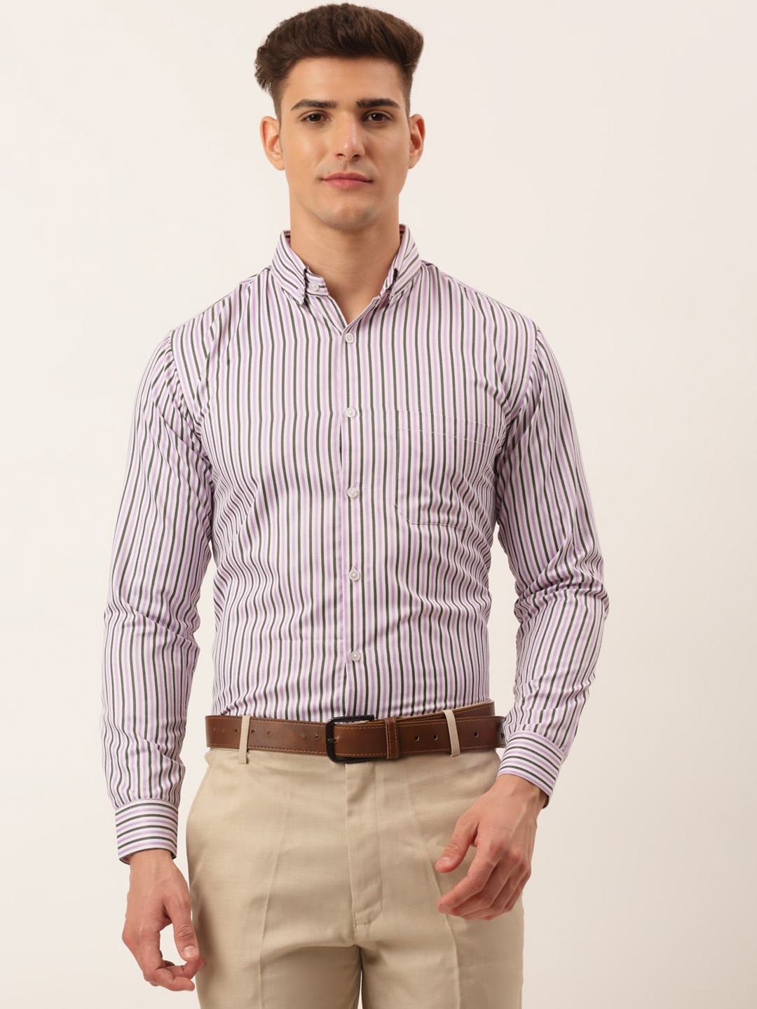 

JAINISH Men Purple Striped Standard Pure Cotton Formal Shirt